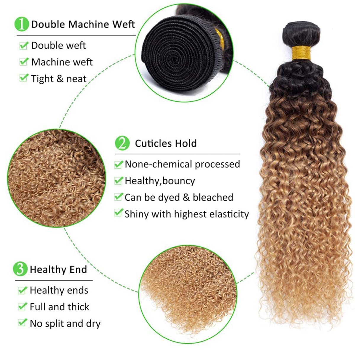 GzorOuzr 1B/4/27 Curly Wave Hair 3 Bundles Hair Weaves Three Tone Ombre Hair Extensions For Women Real Unprocessed Virgin Hair 14 14 14 Inch