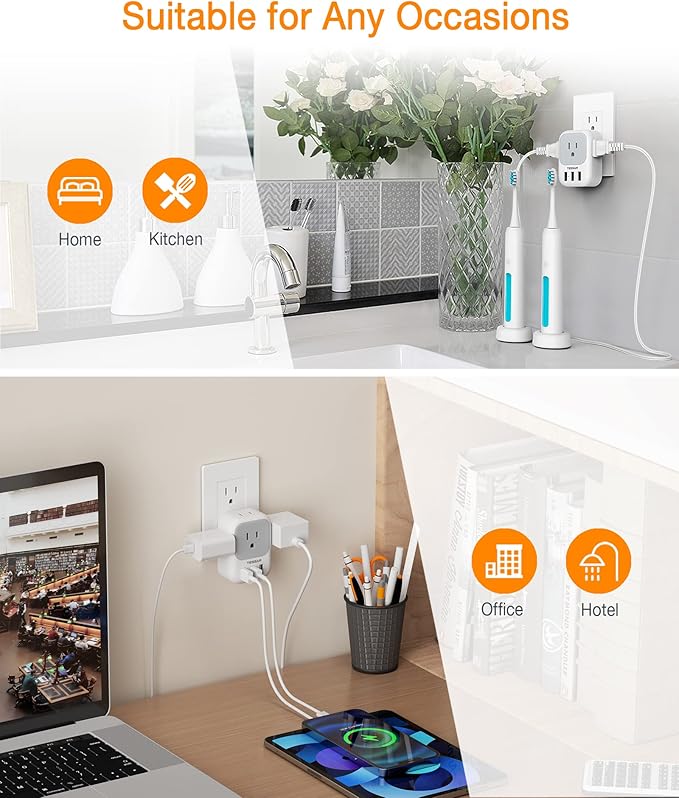 TESSAN USB C Charger Block 20W PD, Fast Charging Adapter with Foldable Plug, 1875W Power Outlet Extender(4 AC and 4 USB) for Cruise, Home, Office, Dorm Room Essentials, Grey