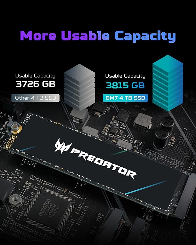 Acer Predator GM7 4TB SSD: M.2 2280 PCIe Gen 4 x4 NVMe 2.0, Read Speed Up to 7400 MB/s, Internal PC Solid State Drive for Laptop, Desktop and PS5 - BL.9BWWR.120