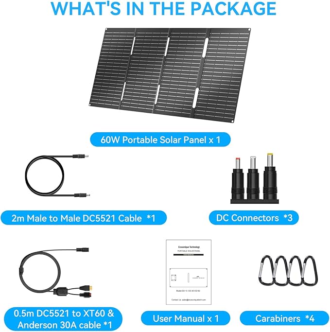 Ecosonique 60W Portable Foldable Solar Panels Charger with USB-C USB-A DC