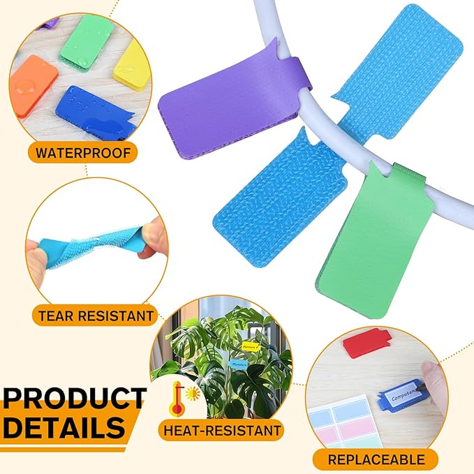 36-Pack Large Cable Labels with 40 Write-On Stickers, Reusable 8-Color Wire Tags for Electronics, Cord ID & Cable Management for Home Office, PC Network - Rectangle