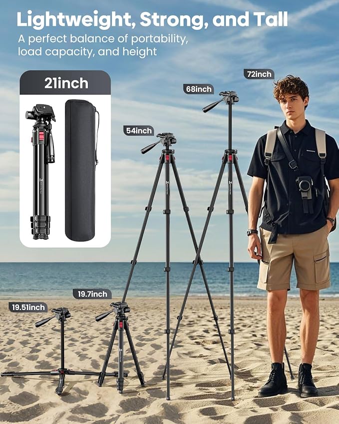 JOBFRI 68" Lightweight Camera Tripod Stand, Compact Portable Travel Aluminum Tripod for DSLR/SLR, Compatible with Canon/Nikon/Phone (Supports 8.8 lbs, Weighs 2.46 lbs) Black