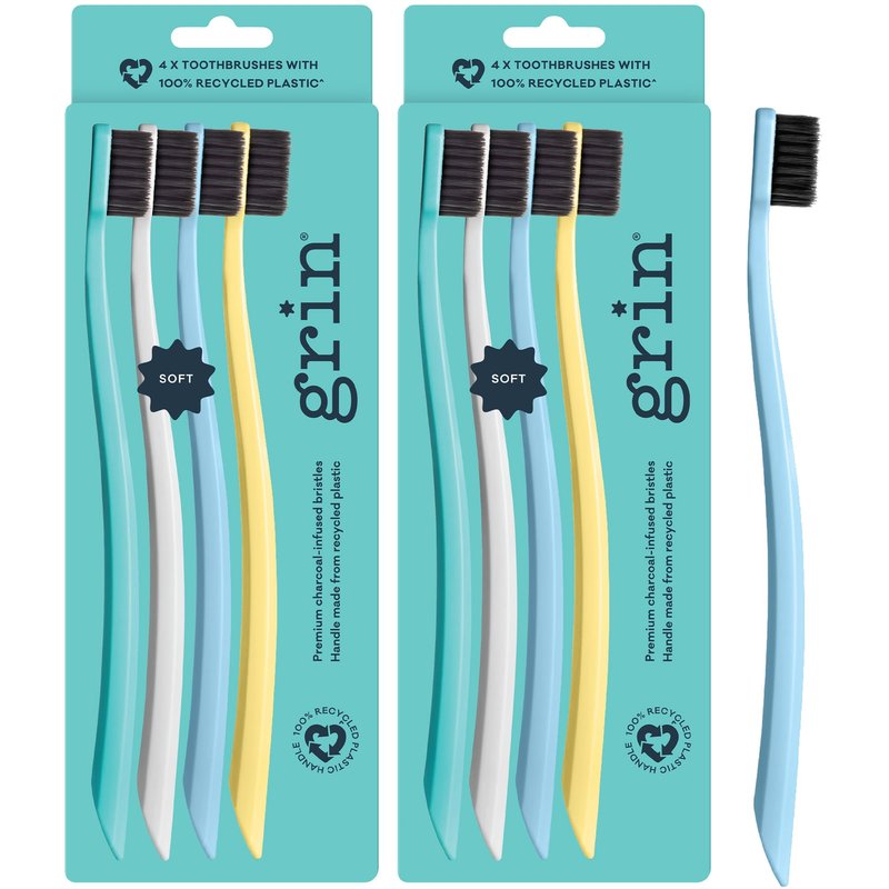 Grin Extra Soft Toothbrushes for Adults â Travel Toothbrush Set with Charcoal Infused Bristles â Manual Full Mouth Brush Head for Whitening & Gum Care â 8 Count (Pack of 2), Summer Beach