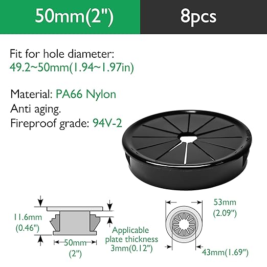 EASYEAH 8PCS Cable Grommets, 2"(50mm) Desk Hole Cover Petal Shaped Buckle Type Nylon Snap Bushing Grommet, Wire Hole Cover Insert for Cables and Cords Management and Protection of Cabinet, Black