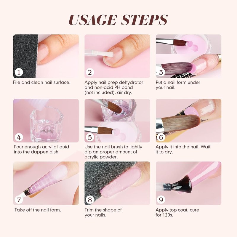 Acrylic Nail Starter Kit - Clear Pink Nude Powder & Liquid, Brush, Files | Home Practice Set