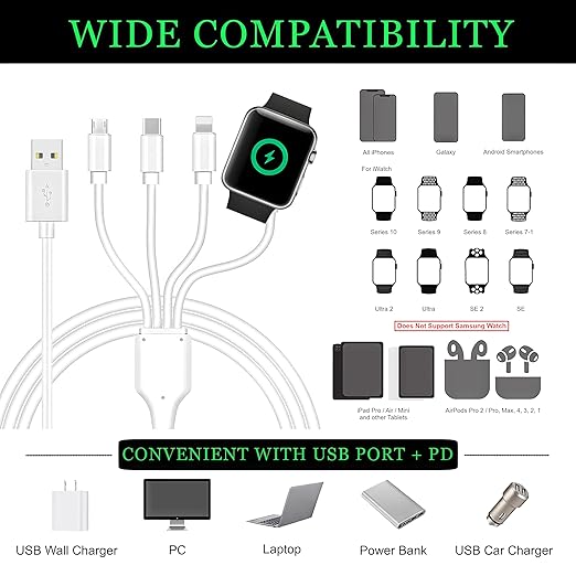 TOP-UP 4 in 1 Watch & Phone Charger Cable โ Travel Essentials Multi Charging Cable for Apple Watch, iPhone, USB-C & Micro, Multi Device Charger Cord, 4FT