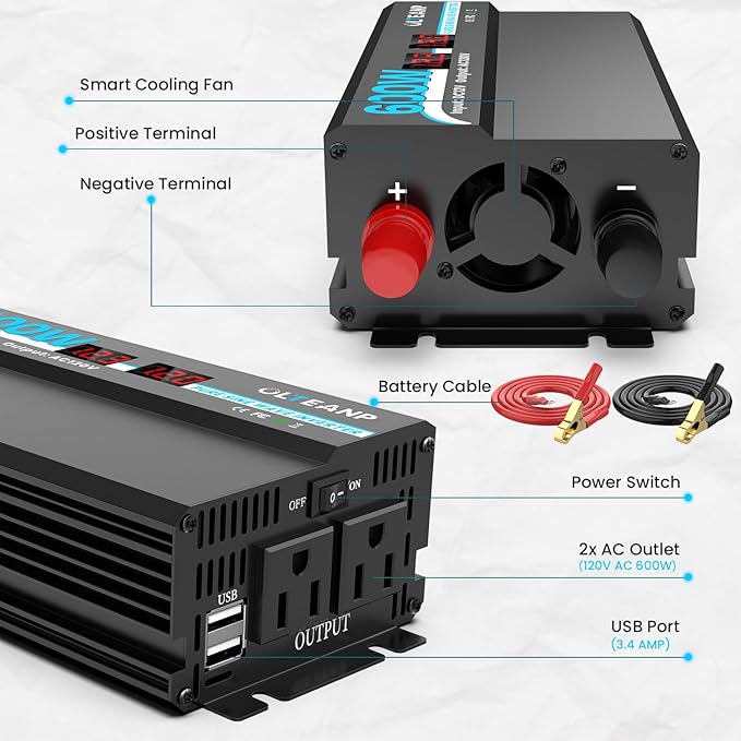 OLTEANP 600W Power Inverter Pure Sine Wave Inverter 12V DC to 120V AC Converter for Car, Truck, Home, Vehicles, Laptop, Car Inverter 12V to 110V with 2 AC Outlets, 2 USB Ports, LCD Display