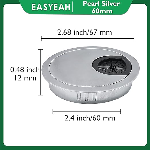EASYEAH 2 Pcs Desk Grommet 2-3/8" / 60 mm, Desk Cord Hole Cover, Cable Grommet Metal Zinc Alloy Materilal, Desk Hole Grommet for Home & Office Pc, Detachable Cable Cord Organizer-Matte Silver