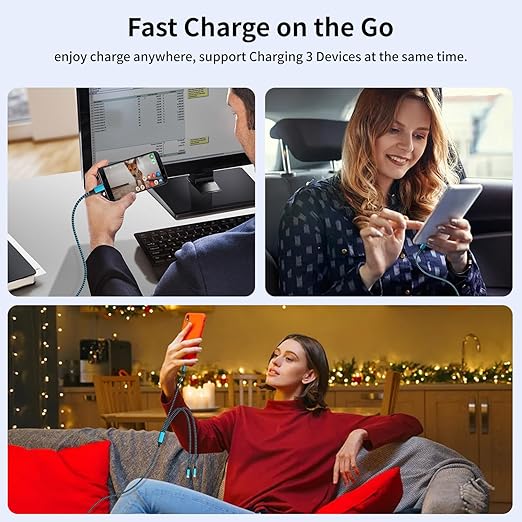 Travel Essentials,Dual Type-C 4 in 1 Multi Charging Cable, 3 FT Universal Charging Cables for All Devices, 2 USB-C/Lightning/Micro USB Port, Compatible with iPhone 17 16/15 Series/Phone/Tablet,Blue