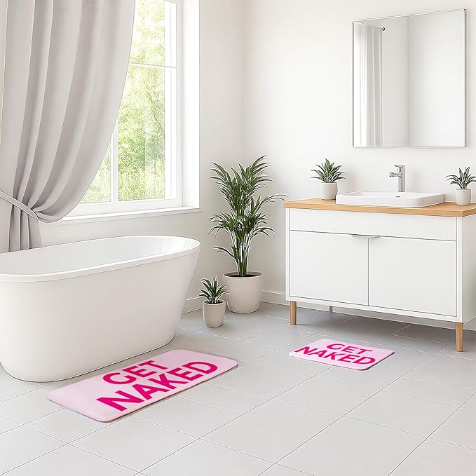 Pink Get Naked Memory Foam Runner Rug 17x47 Inch, Funny Bathroom Rugs, Cute Dorm, Apartment Decor, Soft Non Slip Absorbent Mats for Shower, Vanity
