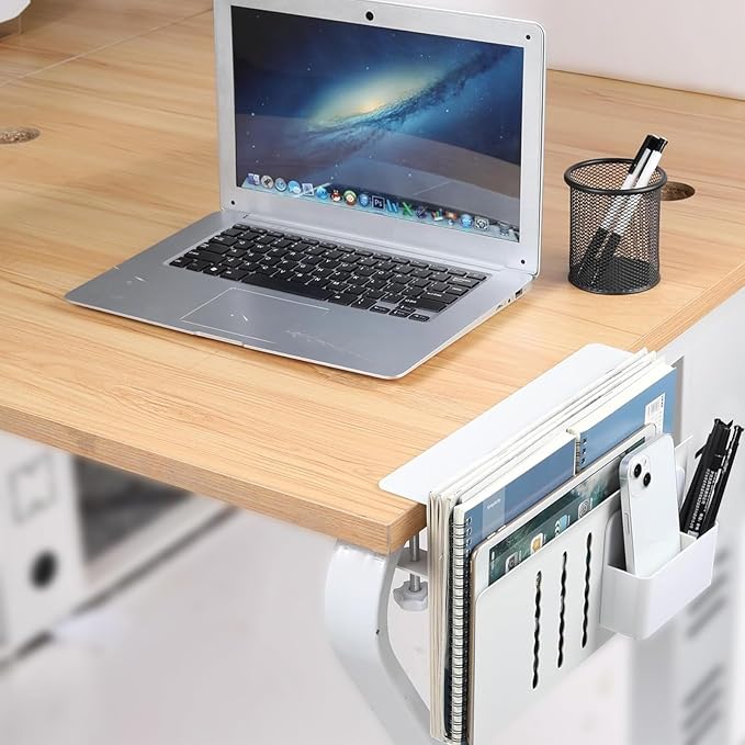 osseph Desk Side Storage Organizer, Under Desk Laptop Holder with Magnetic Pen Holder, No Drill Hanging Desks Caddy for Office & Home, Clamp On Desk Shelf for Tablet, Files, Accessories (White)