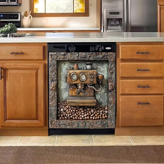 Retro Coffee Machine Dishwasher Magnet Cover, Dish Washer Cover for Kitchen Decor, Easily Trimmable Dishwasher Sticker Refrigerator Magnetic Cover 23Ã26 in
