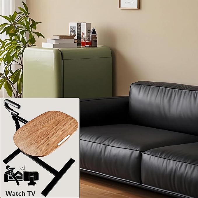 (Black 360° Sofa Rotating Table) Adjustable Swivel Tray Table for Recliner, 360° Rotating TV Tray Table with Support Handle, Built-in Cup Holder & Metal Pen Holder, Height Adjustable Overbed Side Table for Seniors, Sofa, Bed, Eating, Working