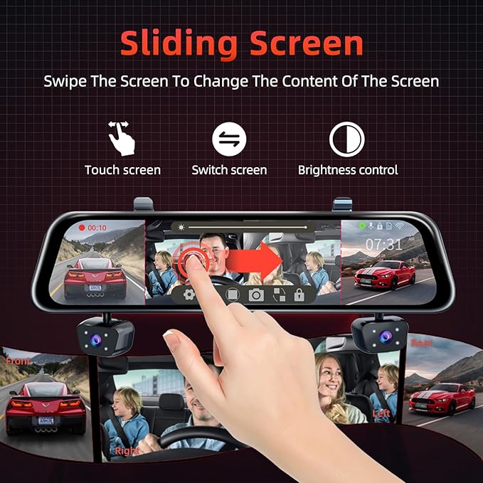 Zunfly Mirror Dash Cam 4 Channel Dash Cam Front and Rear/Inside, Touch Screen 12’’ FHD 1080Px4 Rear View Mirror Camera, 8 IR Night Vision, Built-in WiFi, GPS, Parking Monitor