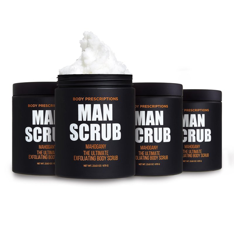 Body Prescriptions Menâs Exfoliating Body Scrub â Ultimate Skin Cleansing Wash in Jar with Twist-Top Lid, For All Skin Types, 21 Ounce (Pack of 4), Mahogany