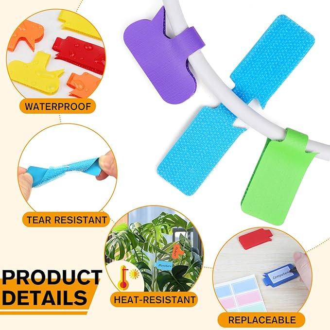 36-Pack Large Cable Labels with 40 Write-On Stickers, Reusable 8-Color Wire Tags for Electronics, Cord ID & Cable Management for Home Office, PC Network - Rectangle & Oval