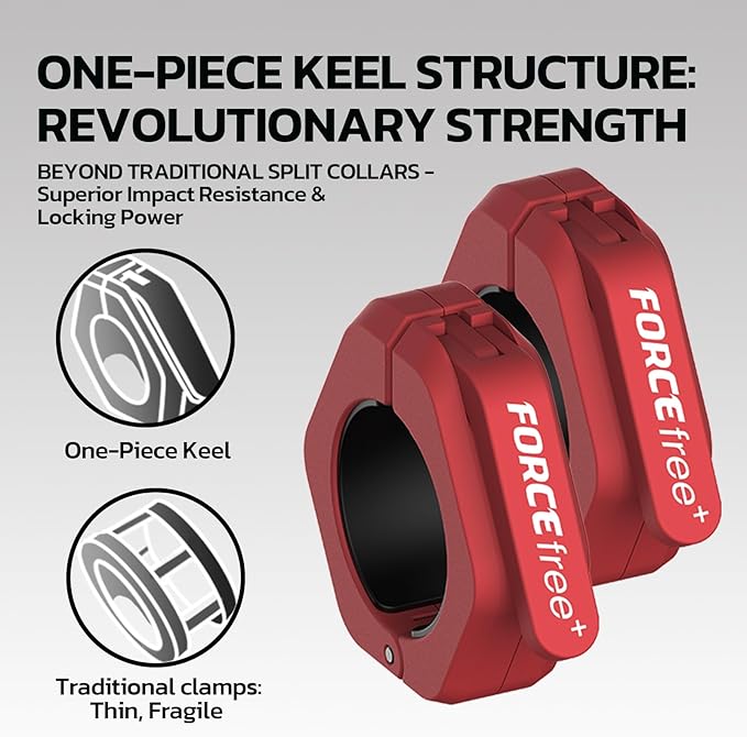 Forcefree+ Barbell Clips (Pair), Barbell Clamps, Quick Release Olympic Barbell Clamps with Anti Slip TPR Grip, Barbell Collars for Secure Weightlifting & Powerlifting (Non Magnetic, Red)