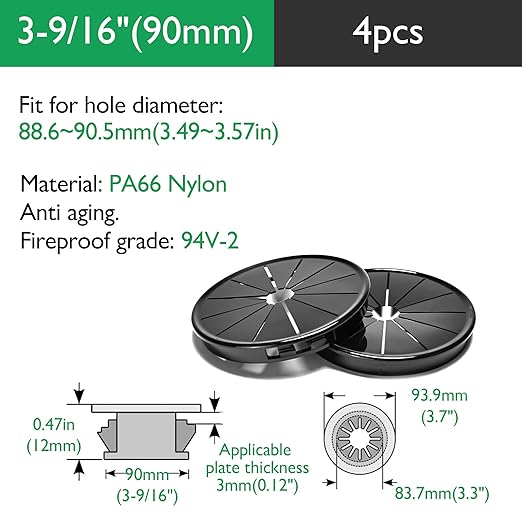 EASYEAH 4PCS Cable Grommets, 3-9/16"(90mm) Desk Hole Cover Petal Shaped Buckle Type Nylon Snap Bushing Grommet, Wire Hole Cover Insert for Cables and Cords Management and Protection of Cabinet, Black