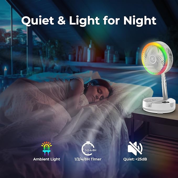 40000mAh Portable Travel Fan, Rechargeable Collapsible Fan, 106H Run, 8 Speeds Standing Oscillating Fan, Battery Powered with Timer & Light for Travel Cruise Essentials RV Outdoor Bedroom Power Outage