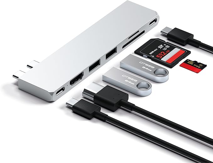 Satechi 7 in 1 USB C Hub Multiport Adapter Pro Slim, USB C Dongle, 100W Charging, 4K HDMI, USB 4, USB 3.2 Gen 2, SD/Micro Card Reader for Mac, MacBook Air/Pro - Silver