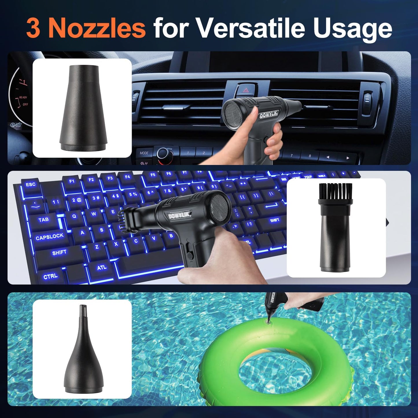 DOWYLIK Compressed Air Duster, 220,000RPM Strong Compressed Air, Brushless Canned Air Duster for Computer with LED, 3 Speed Speed Mini Blower Air Blower for Car, Computer, Keyboard