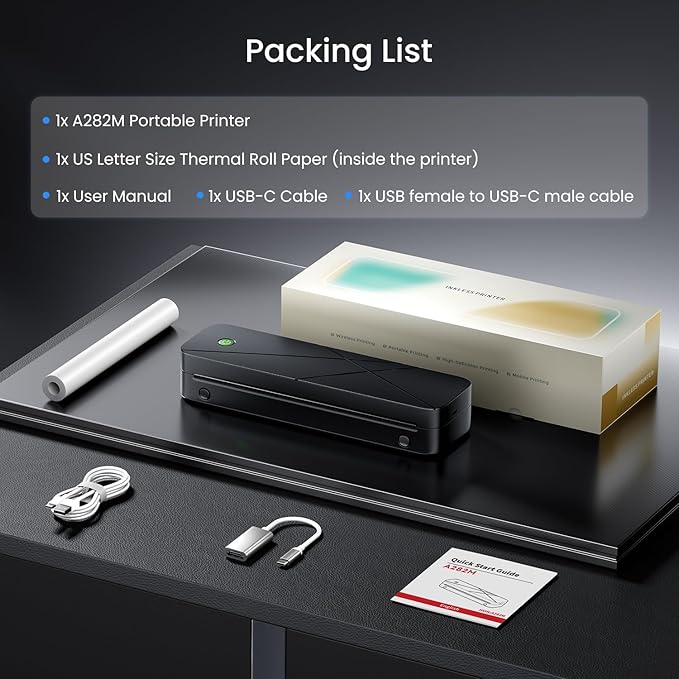 TATTMUSE Portable Printers Wireless for Travel, Inkless Printer for Phone & Laptop, Thermal Bluetooth Small Compact Mobile Printer for Home Use, Support 8.5" X 11" US Letter & A4 Size