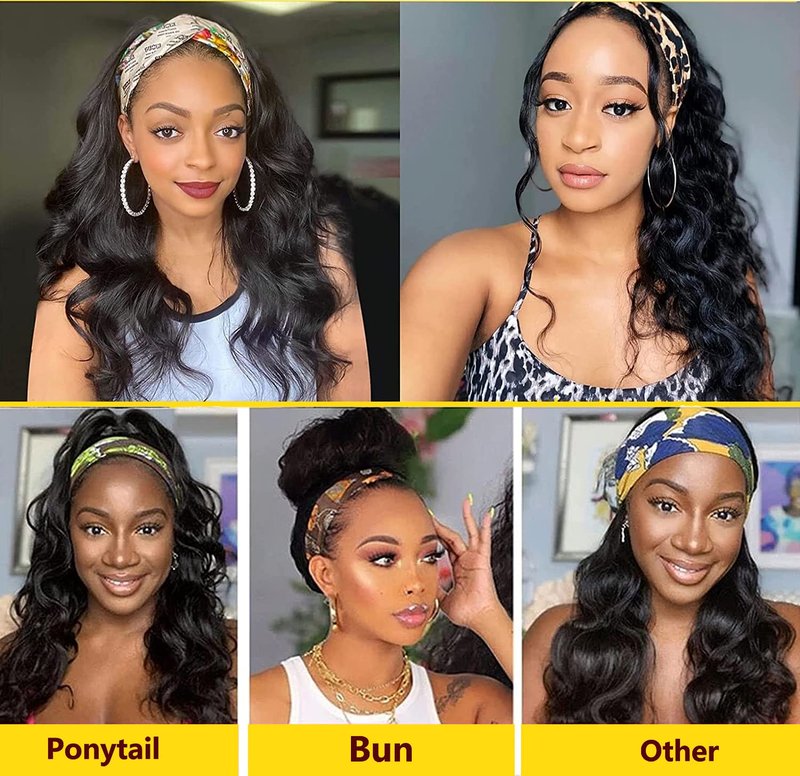 Miss Lee Headband Wig Body Wave Human Hair Headband Wigs For Black Women 12inch 150% Density Natural Black (12inch,Headband wig)