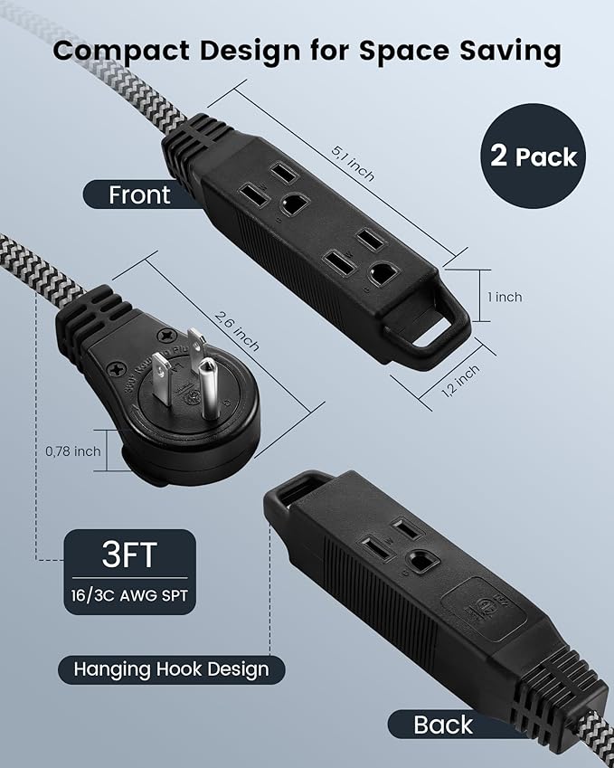 SURAIELEC 2-Pack Flat Extension Cord 3FT, 360° Rotating Plug, Braided Flat Plug with 3 Outlets, 16 AWG Thin Black Extension Cord for Indoor Use, Home, Office, Compact Spaces, ETL Listed