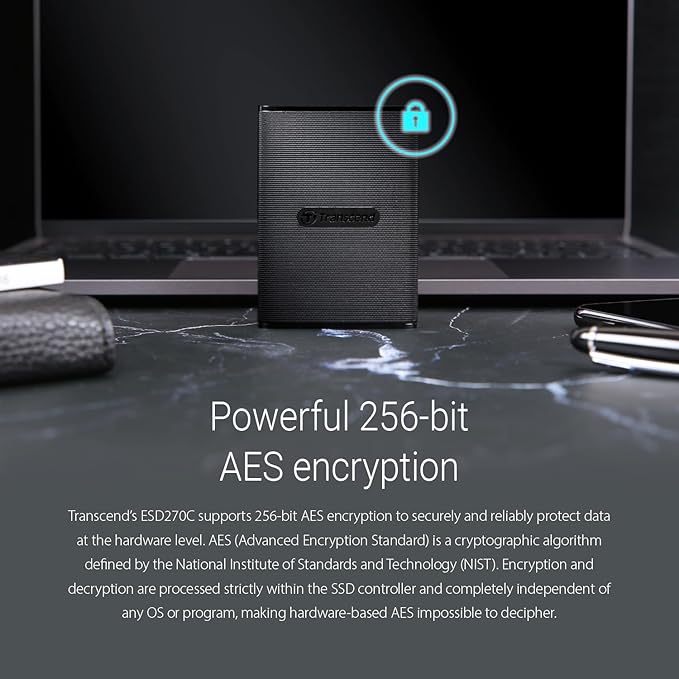 Transcend ESD270 1TB External SSD for iPhone16/15/iPad/Mac/Windows/Android, PC/Laptop/Tablet/TV/Game Console, Portable SSD with One Touch Back up, One-Time Password Unlock, Type A &Type C Cables
