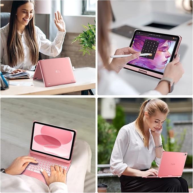 typecase Touch iPad 11th 10th Generation Case with Keyboard (11" 2025, A16 & 10.9" 2022) – 360° Rotatable, 11-Color Backlit, Multi-Touch Trackpad, Pencil Holder, Thin & Light – Rose Gold