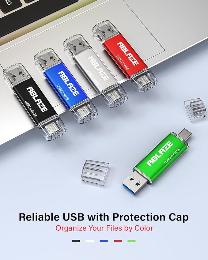 ABLAZE 64GB Type C Flash Drive 10 Pack, Dual USB 2.0+USB C Memory Stick Thumb Drive Compatible with iPhone 17/16/15, Android Smartphone, Computers, Tablets, Mac,iPad,PC