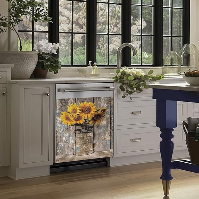 Rustic Wood Dishwasher Cover For Front,Vintage Sunflower Vase Dishwasher Magnet Cover Door Decor Farmhouse Sticker,Country Flower Dishwasher Panel Decal,Home Appliance Decal 23"x26"