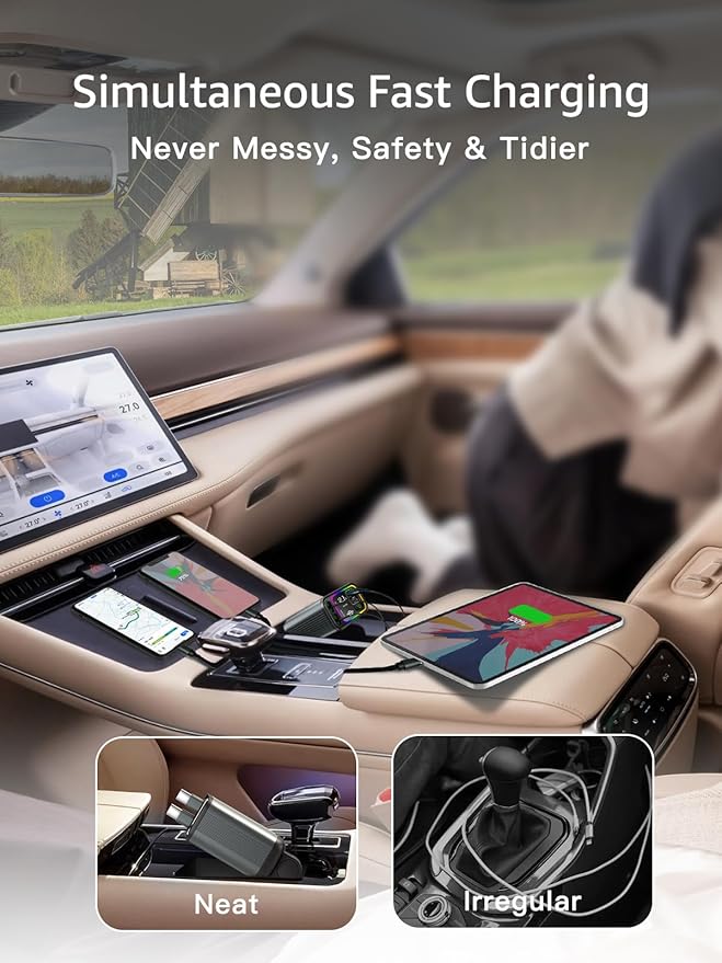 PDMAX Retractable Car Charger USB C,145W Type C Car Charger Fast Charging with Dual Retractable USB C Cable and USB Ports for iPhone 17/16/15,S25/24/23/22, Pixel 9/8/7๏ผBuild-in Dual Type C Cable๏ผ