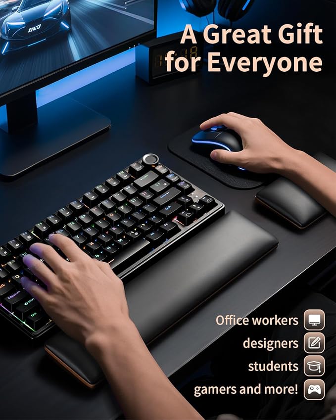 ASFSKY Keyboard and Mouse Wrist Rest Set for 60%-75% Compact Keyboards – Ergonomic Wooden Support Pad with PU Leather & Memory Foam, Anti-Slip Rubber Base for Gaming, Office & Typing Pain Relief