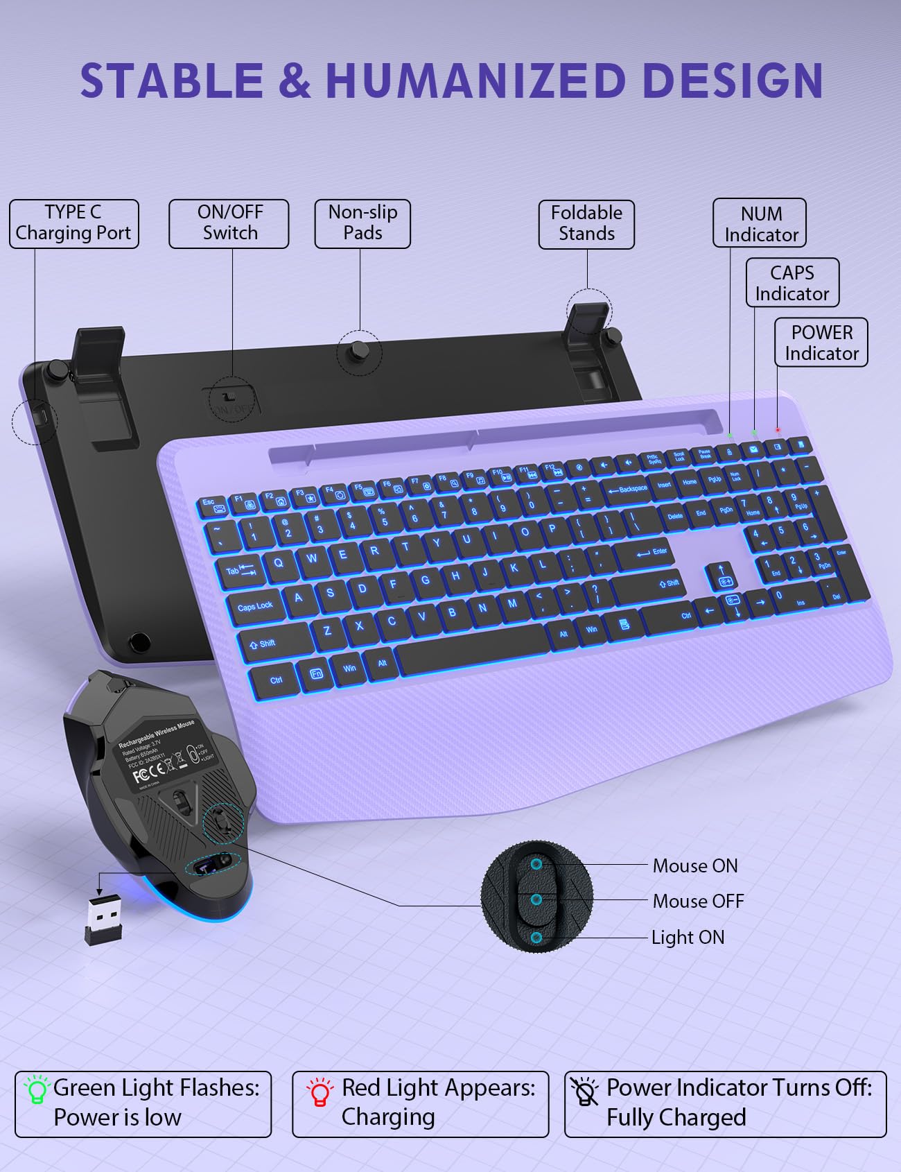 Wireless Keyboard and Mouse Backlits, Wrist Rest, LED Mouse, Rechargeable Ergonomic Keyboard with Phone Holder, Silent Light Up Combo for Computer, Mac, PC, Laptop, Chromebook (Purple)