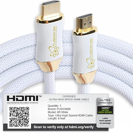 Fusion8K White HDMI 2.1 Cable 6 Feet - Certified 48Gbps 8K@60Hz 4K@120Hz 10K | HDR Dolby Vision eARC | Braided Cord for PS5 Xbox Series X Apple TV 4K