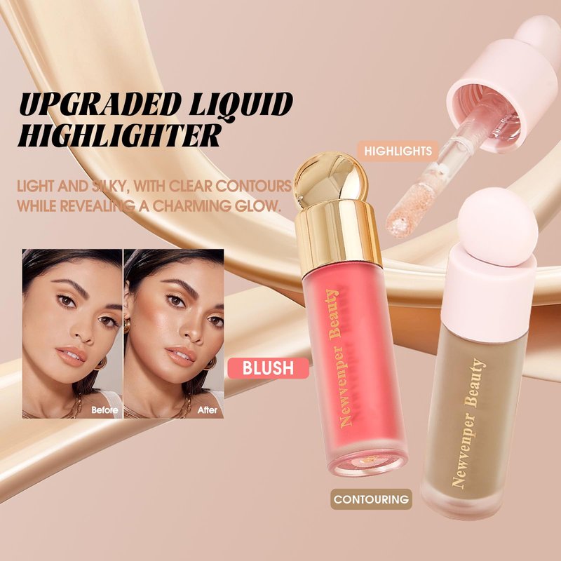 Liquid Contour,Liquid Highlighter, Blush with Face Brush Long Lasting Smooth Lightweight Smudge Proof Contour+ Blush+ Highlighter