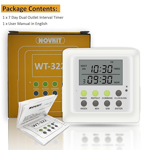 NOVKIT 3-in-1 Dual Outlet Timer Plug with Interval Cycle for Indoor, 7 Day 24 Hour Programmable Digital Repeat Timer Switch(15A, 1875W)