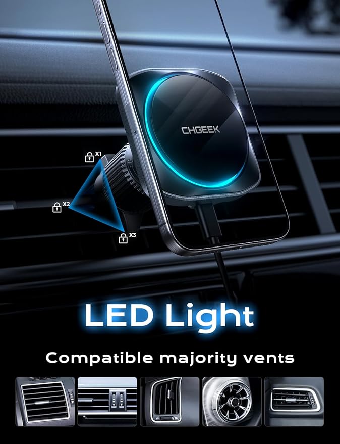 CHGeek for 15W Magsafe Car Mount Charger, Wireless Car Charger Magnetic Car Phone Holder Mount Fit for iPhone 16 15 14 13 12 Magsafe Case, Vent/Windshield/Dash Phone Mount Holder Fast Cooling Charger