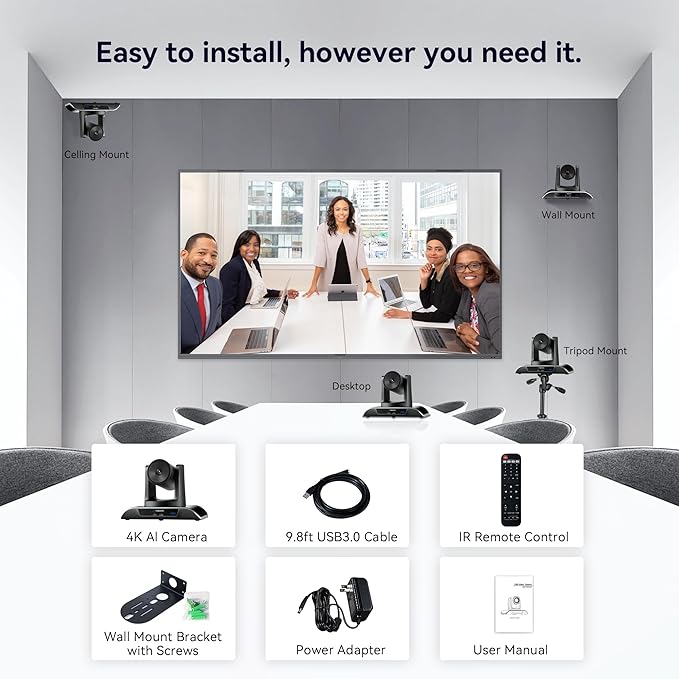 TONGVEO 4K PTZ Camera with AI-Powered Auto-Tracking & Gesture Control 5X Digital Zoom USB 3.0 120-Degree Wide-Angle PTZ Webcam for Video Conference YouTube/Teams/Zoom Meeting Live Streaming