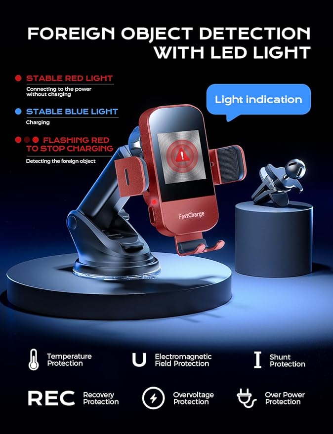 CHGeek Wireless Car Charger, 15W Fast Charging Auto Clamping Car Charger Phone Mount Phone Holder fit for iPhone 15 14 13 12 11 Pro Max Xs, Samsung Galaxy S24 Ultra S23 S22 S21, S20, S10+, Red