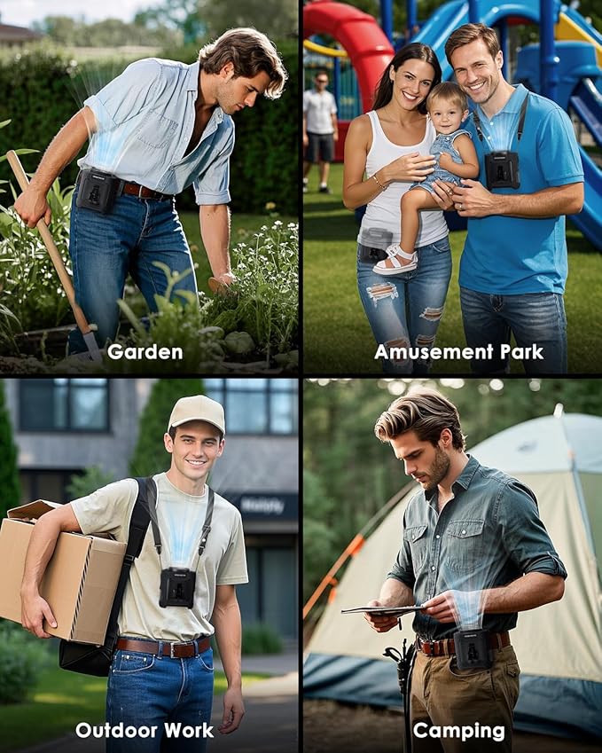 FANSEXPERT Portable Waist Fan Clip on, Personal Wearable Belt Fan 10000mAh Rechargeable Battery Under Shirt,5 Speeds with light, Neck Fan Hands-Free Cooling For Outdoor Camping Travel (Black)