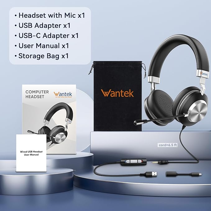 Wantek Headset wtih Mic, USB Headset with Microphone for PC, Computer Headset with Noise Canceling Microphone with Mute for Work Home Office Online Skype Zoom Meetings