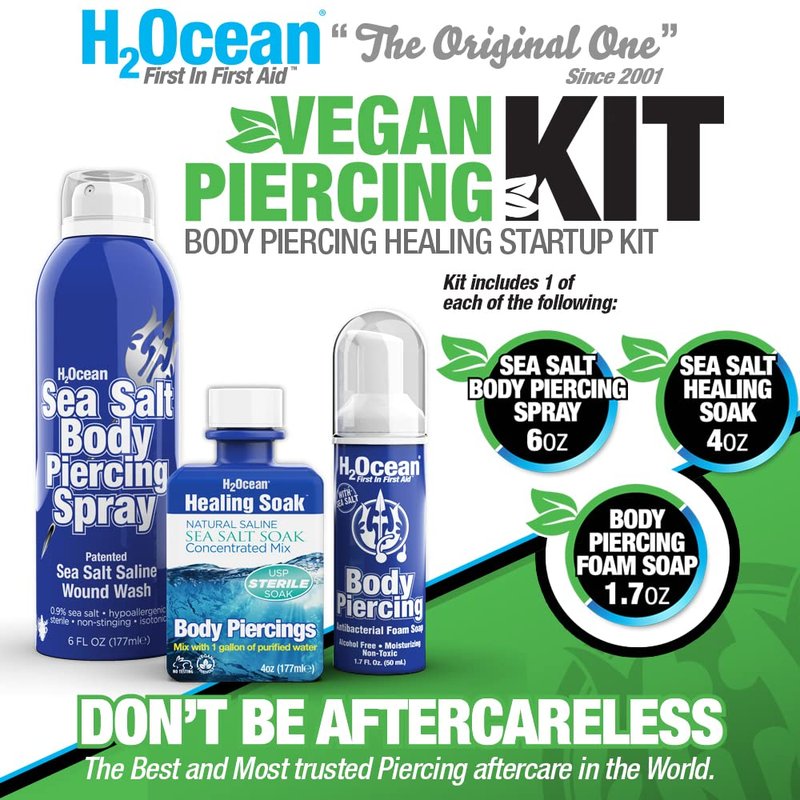 H2Ocean Complete Sea Salt Saline Body Piercing Healing Kit - Vegan Cleansing Solution for All Body Piercings