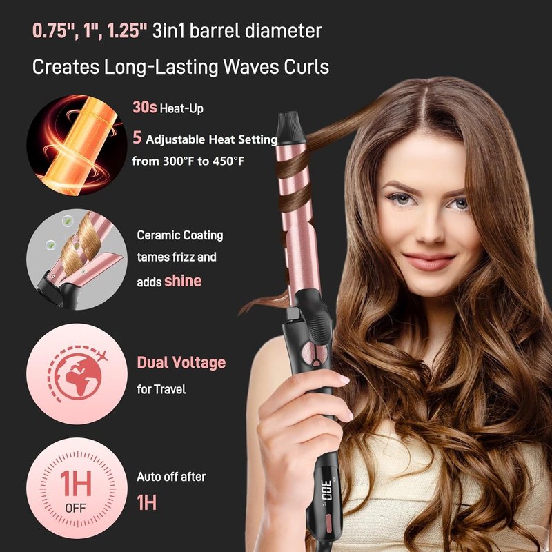 Automatic Curling Iron - 3-in-1 Interchangeable Curling Wand for Lasting Beach Waves | Adjustable Temp, Dual Voltage, Rose Gold