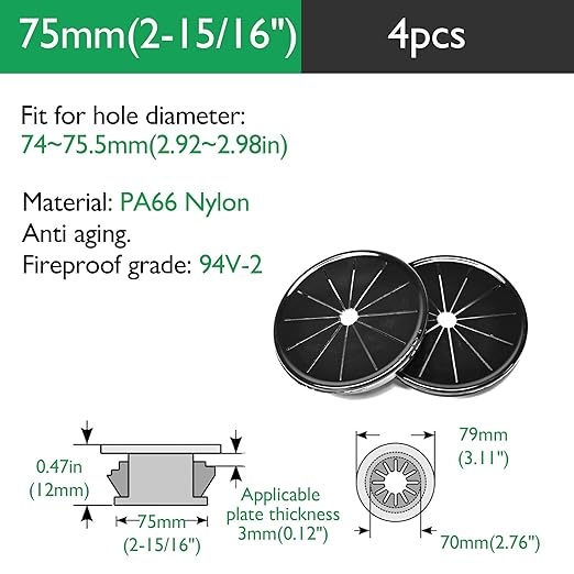 EASYEAH 4PCS Cable Grommets, 2-15/16"(75mm) Desk Hole Cover Petal Shaped Buckle Type Nylon Snap Bushing Grommet, Wire Hole Cover Insert for Cables and Cords Management and Protection of Cabinet, Black