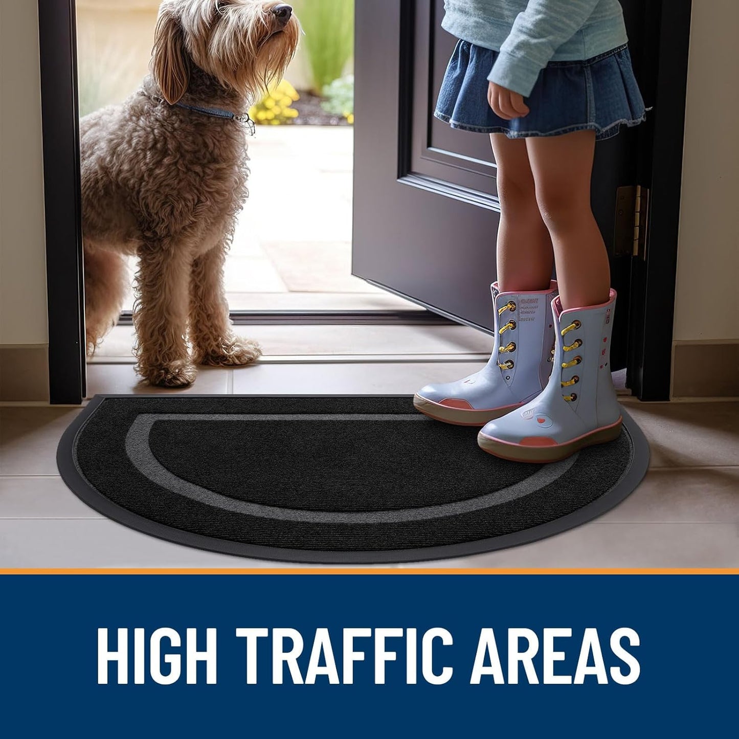 OLANLY Half Circle Door Mat - Waterproof All-Season Doormat for Indoor/Outdoor Use | 29.5x17, Black