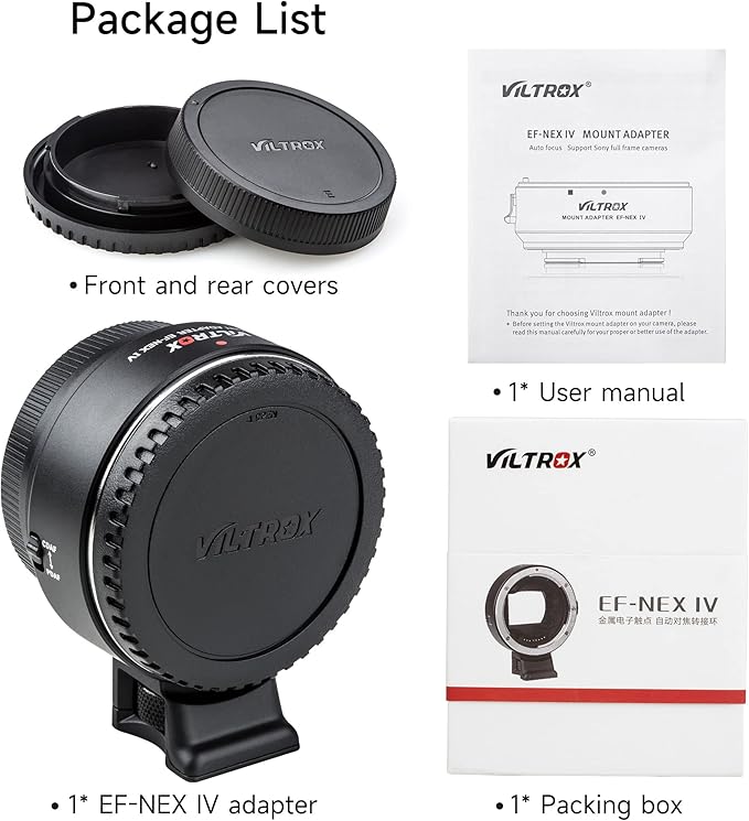 VILTROX EF-NEX IV Lens Adapter, Auto-Focus EF to E Mount Ring Automatic Converter Control Ring Compatible with Canon EF/EF-S Lens to Sony E Mount Camera NEX A9II A7III A9 A7RIII A7RII A7R A7m3