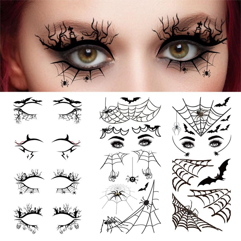 4 Pairs Halloween Eye Shadow Stickers Eyeliner Decals Spider Web Skull Bat Temporary Tattoo Stickers Face eye Makeup Stickers for Women Girls Halloween Masquerade Party Butterfly