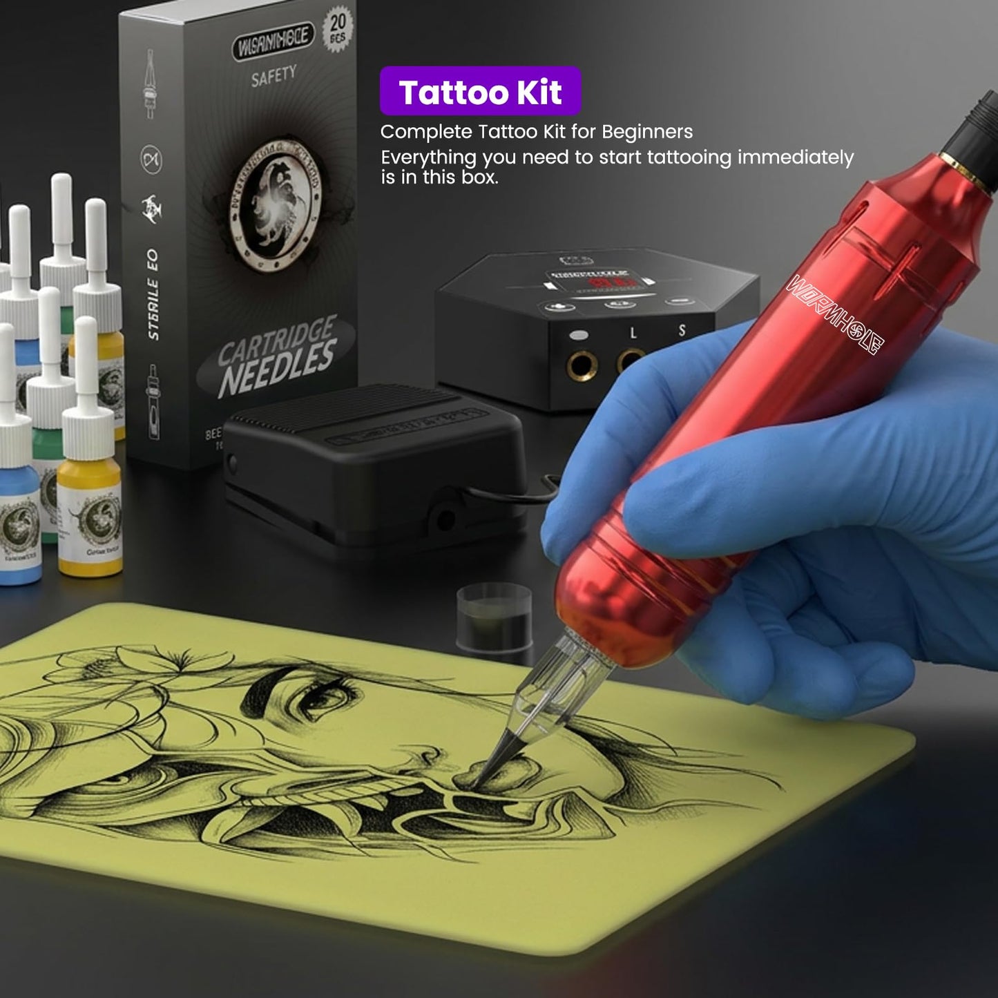 Wormhole Tattoo Kit for Beginners, Rotary Tattoo Pen Kit with 20 Color Inks, 20 Cartridge Needles & Power Supply for Tattoo Practice WTK090